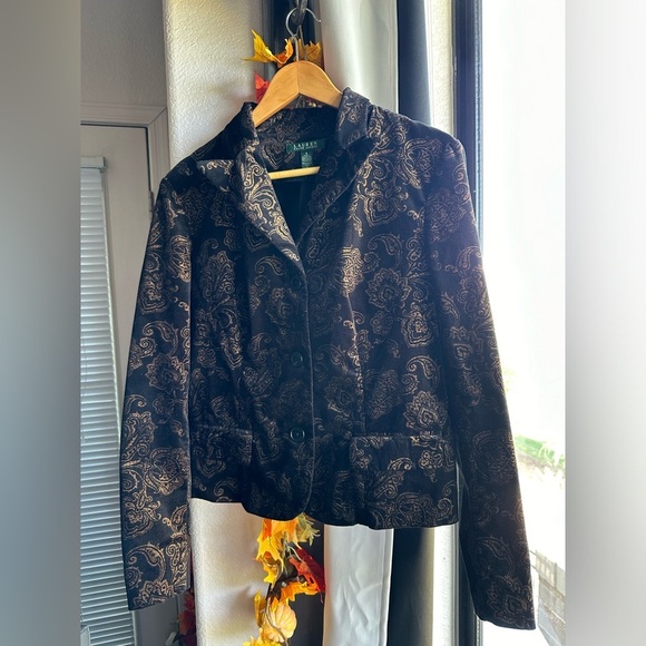 Ralph Lauren Black Gold Brocade Velvet Blazer Jacket Pockets size 8 - Picture 1 of 11